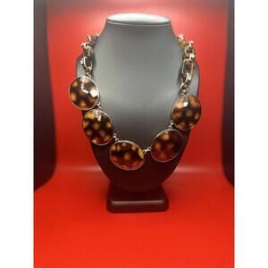 Vintage  Ann Taylor Faux Tortoise Shell  Rhinestone Medallion Statement Necklace